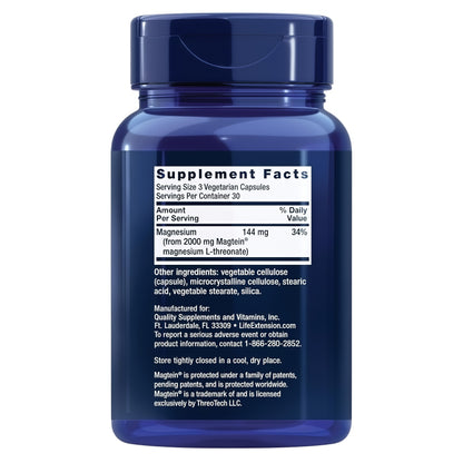 Life Extension Neuro-Mag Magnesium L-Threonate, Memory Health, Quick Thinking, Cognitive Health Support, Vegetarian, Non-GMO, 90 Vegetarian Capsules (144 mg from 2000 mg Magtein magnesium L-threonate